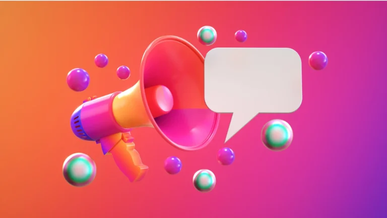 a stylized bull horn with globes and a comment graphic around it to indicate social media management
