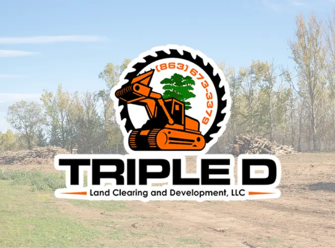 the triple d land clearing logo on a background of cleared trees