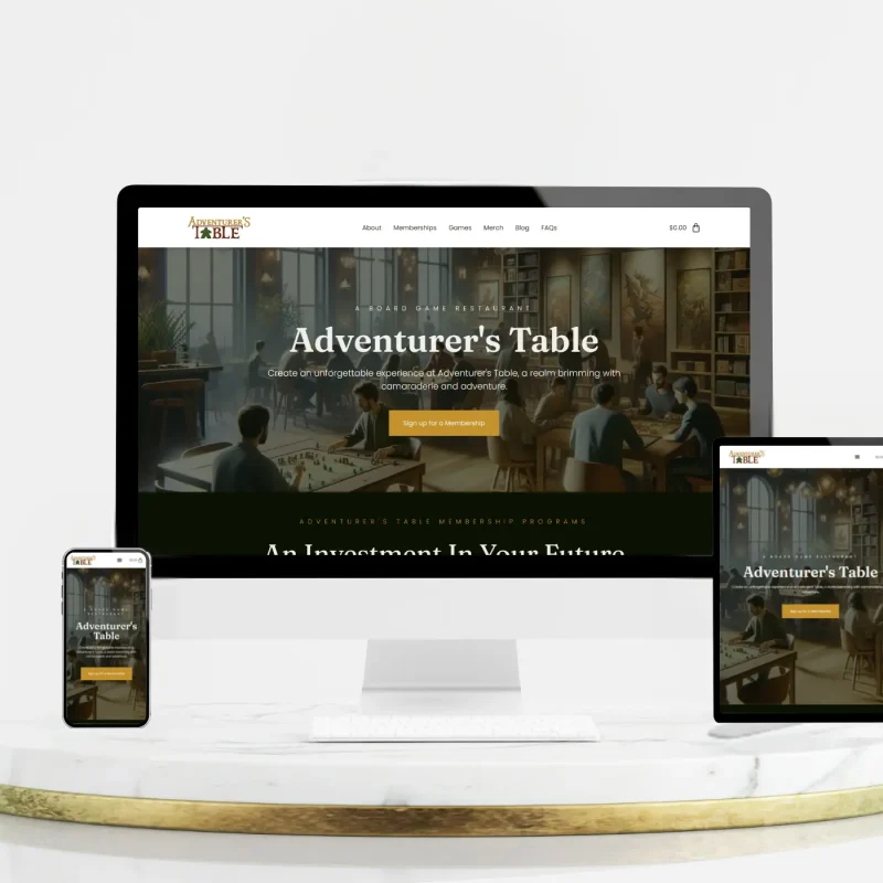 Adventurer's Table website mockup on desktop, tablet, and mobile devices